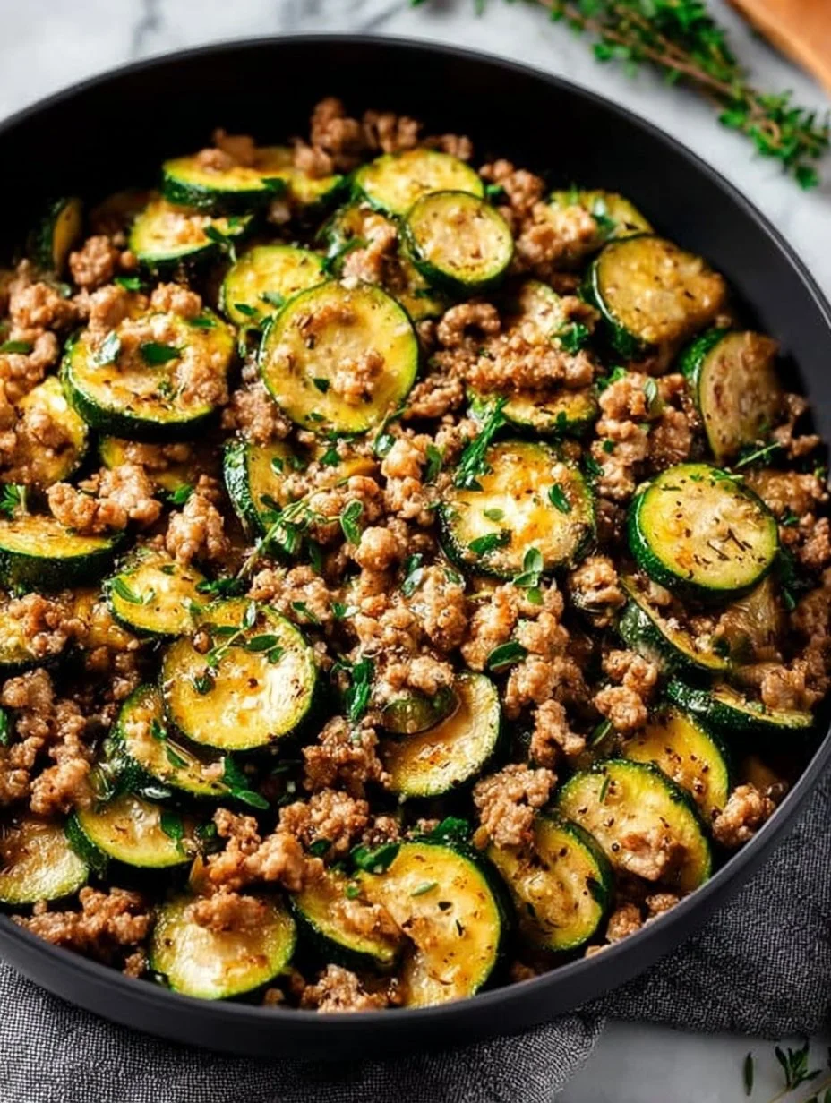 Ground Turkey and Zucchini Skillet dish served in a skillet.