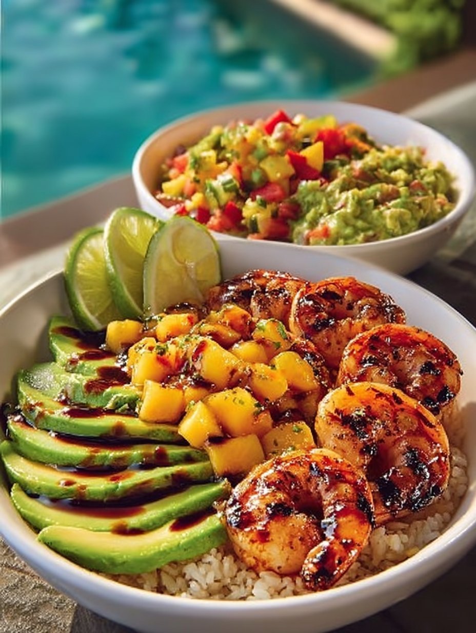 Shrimp and Avocado Bowls with Mango Salsa & Lime-Chili Sauce