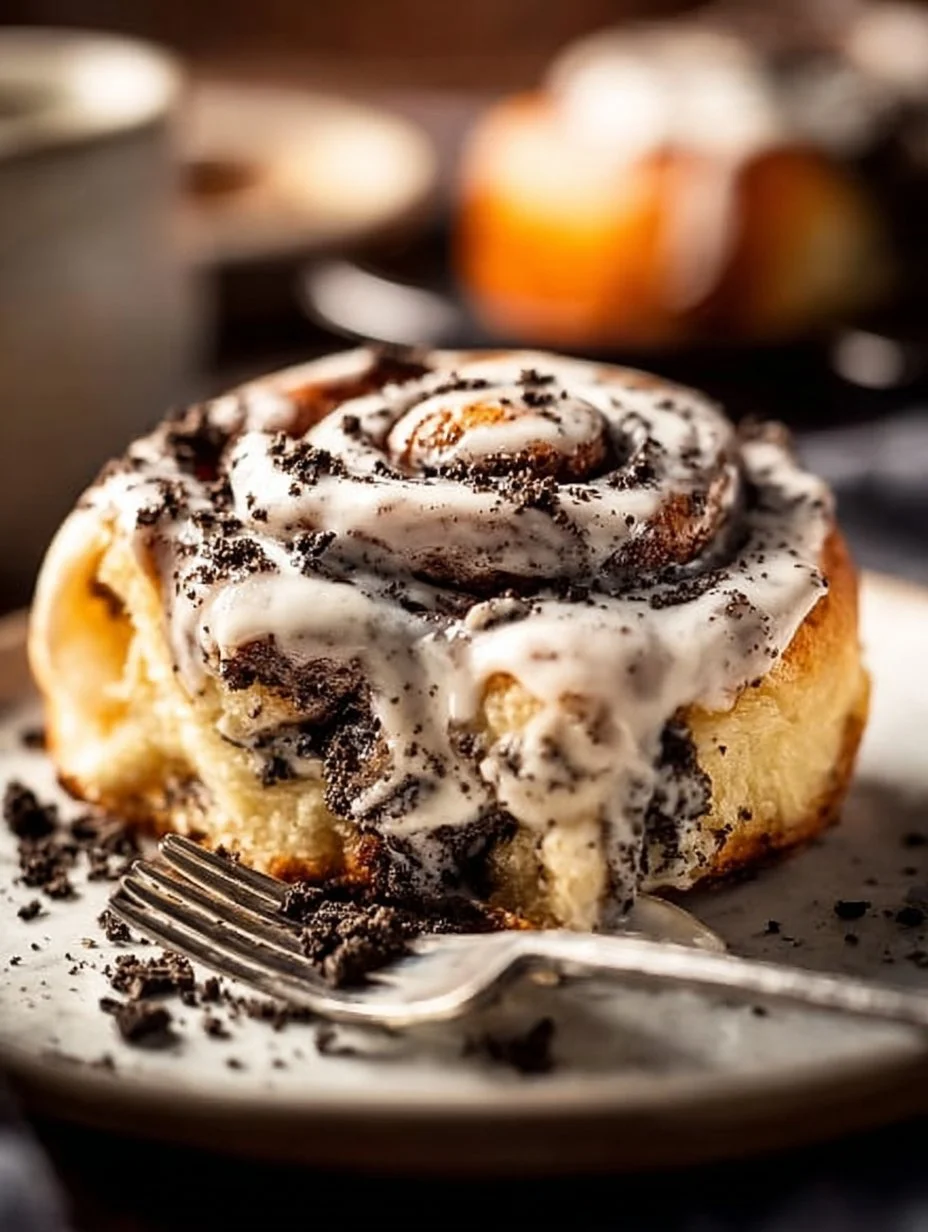 Homemade Oreo cinnamon roll topped with crushed Oreos and icing.