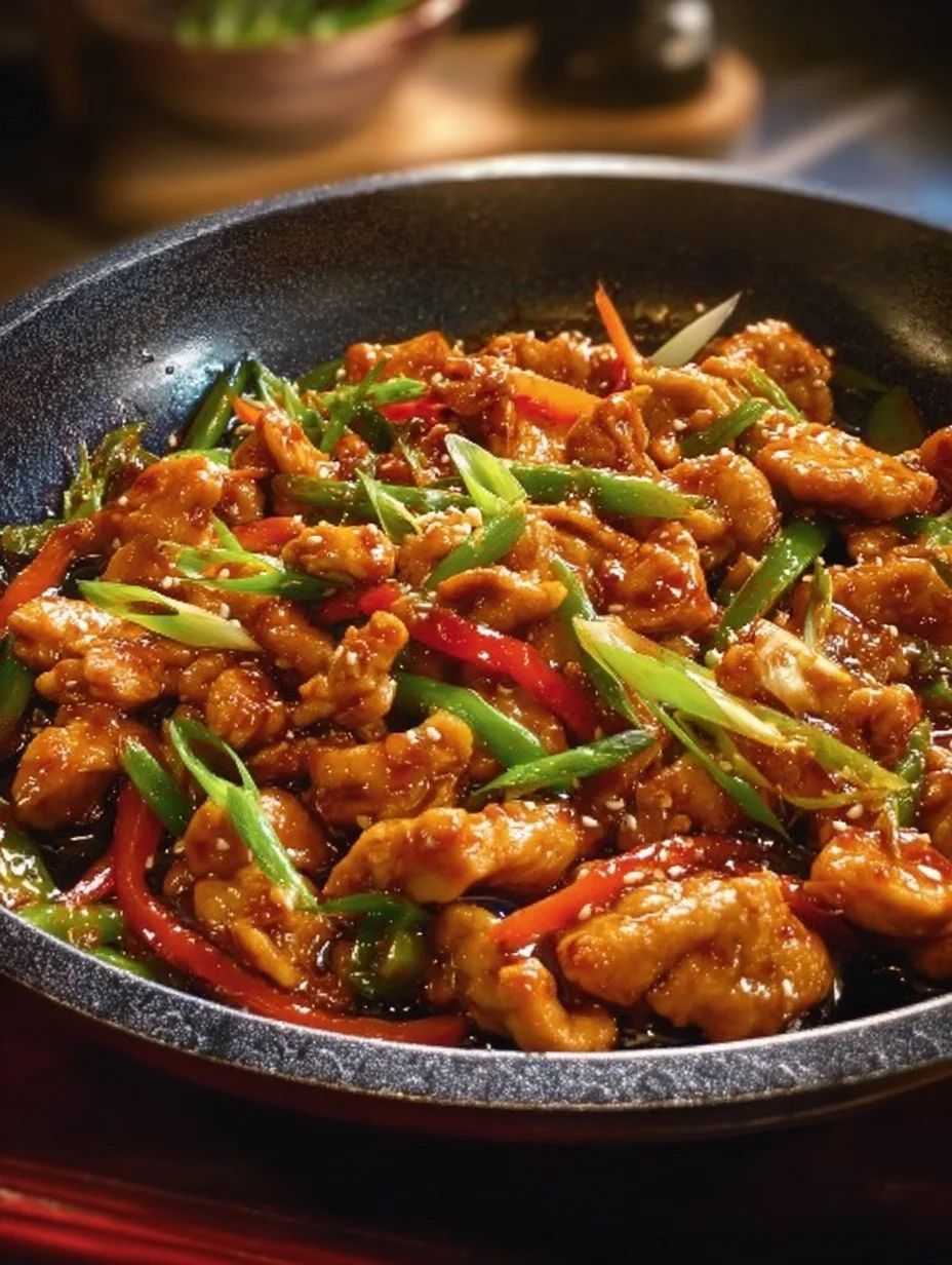 Delicious plate of Mongolian Chicken garnished with green onions