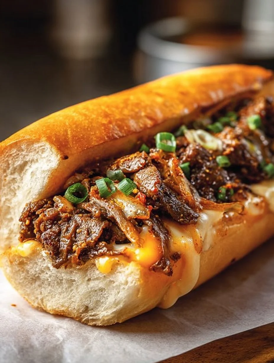 Korean-inspired kimchi bulgogi cheesesteak with vibrant toppings and melted cheese