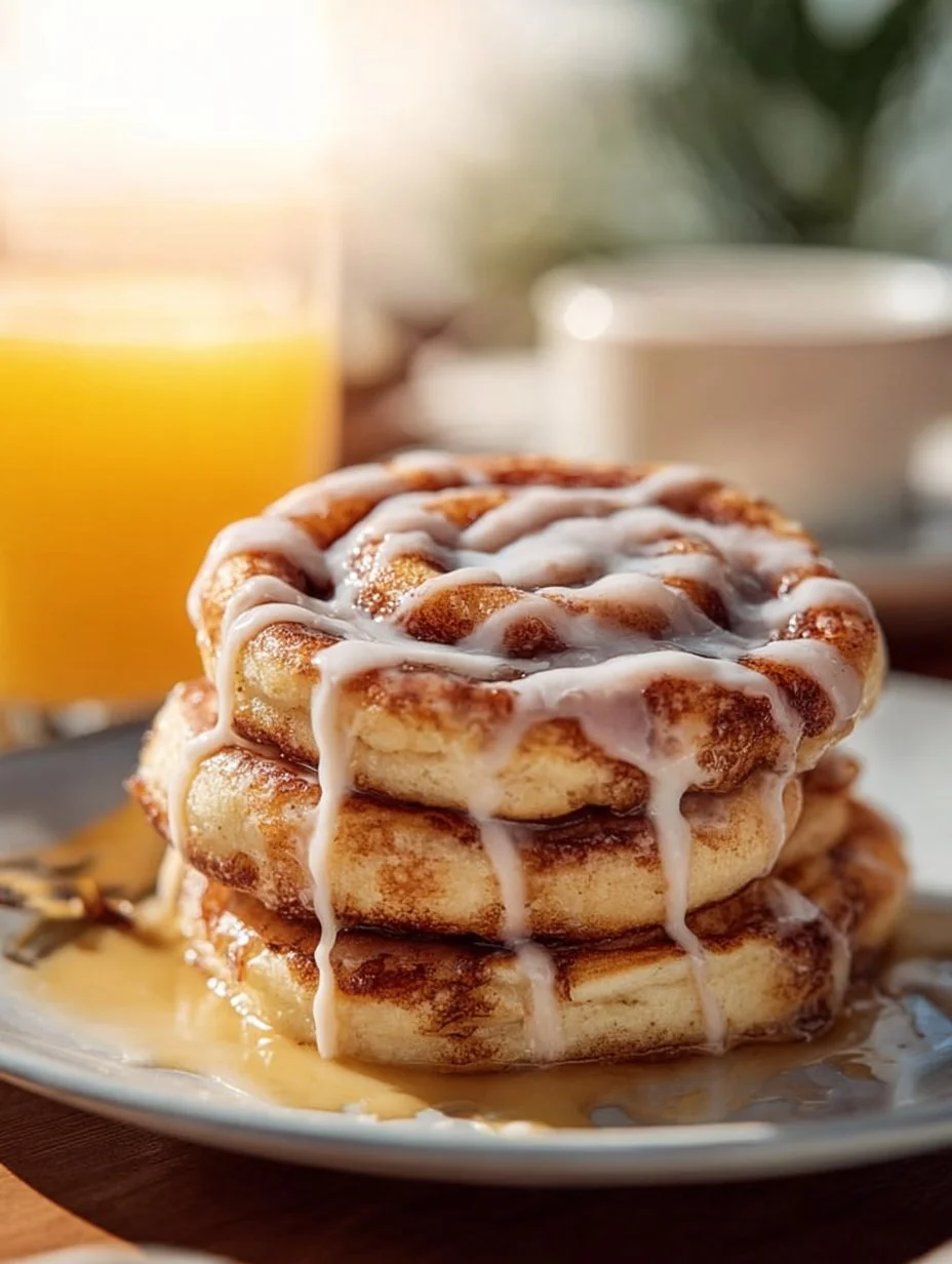 Delicious maple cinnamon roll pancakes served with syrup and butter.