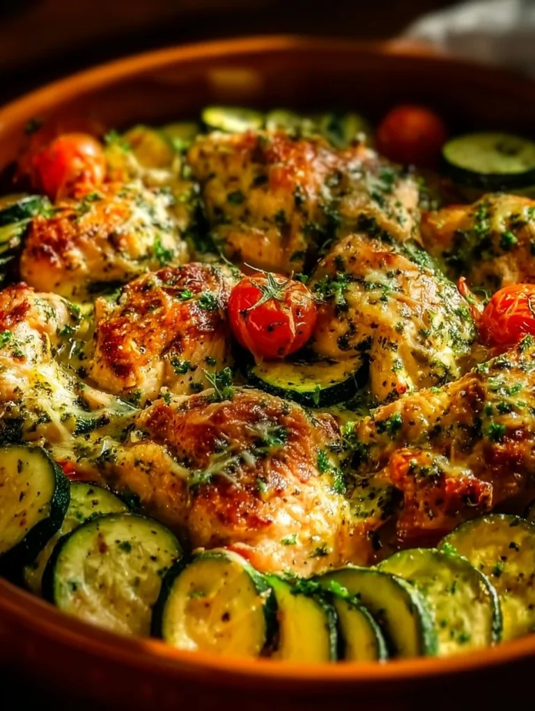 Baked Mediterranean Chicken with zucchini, herbs, and spices in a colorful dish