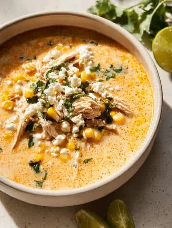 Bowl of flavorful Mexican Street Corn Soup garnished with cilantro and lime