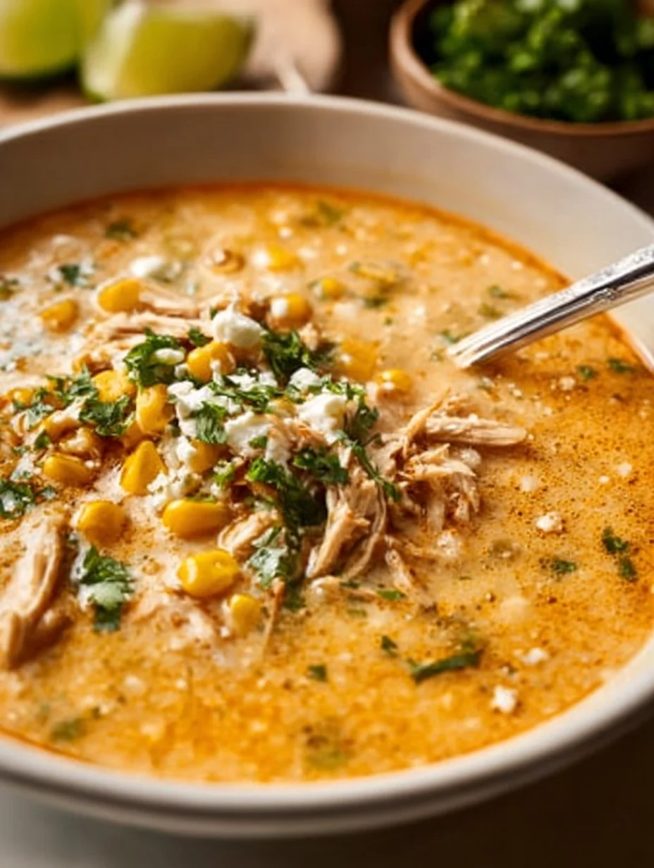 A delicious bowl of Mexican street corn soup topped with herbs and spices