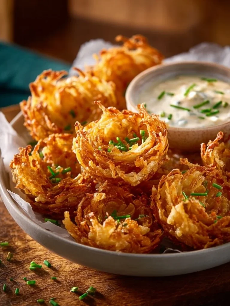 Mini bloomin' onions with a side of buttermilk ranch dip on a plate.