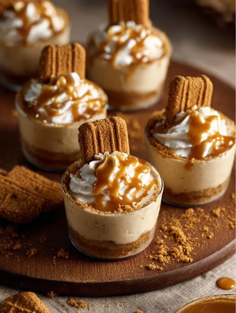 No-bake Biscoff cheesecake cups topped with crushed Biscoff biscuits