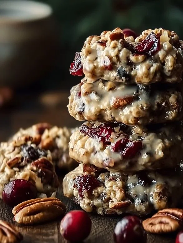 No-bake cranberry pecan praline cookies on a plate