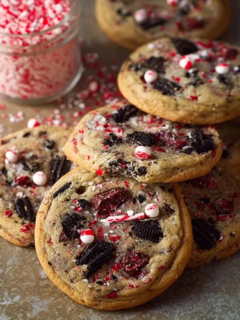 Oreo Chocolate Chip Peppermint Cookies on a festive background