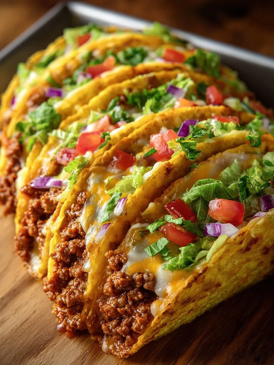 Delicious oven-baked cheesy tacos topped with melted cheese and fresh ingredients.