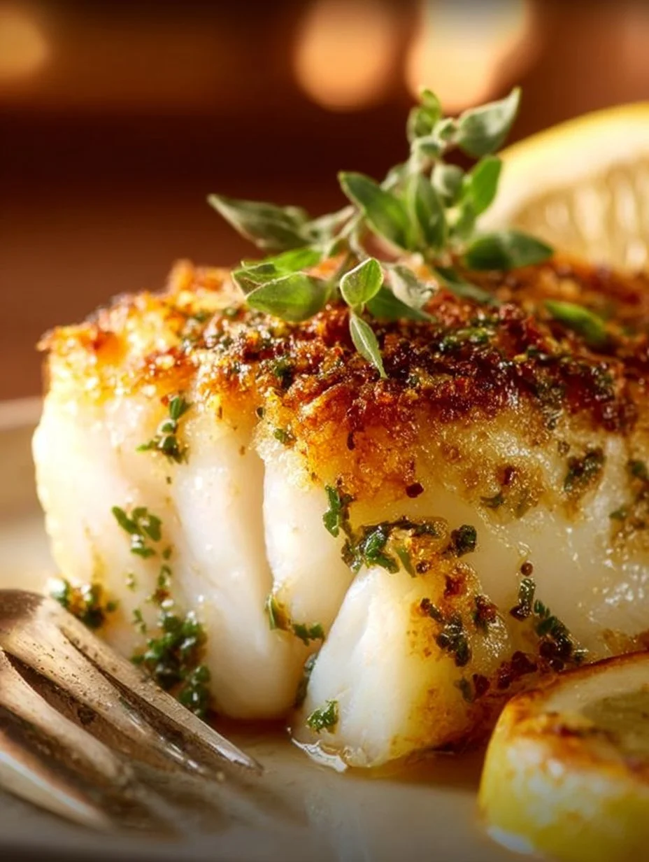 Oven-Baked Chilean Sea Bass served with lemon and herbs