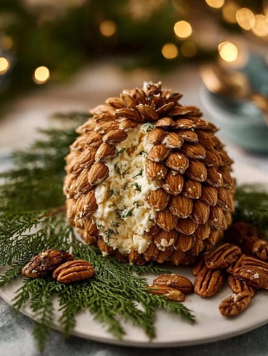 Pine Cone Cheese Ball decorated with nuts and herbs for a holiday party.