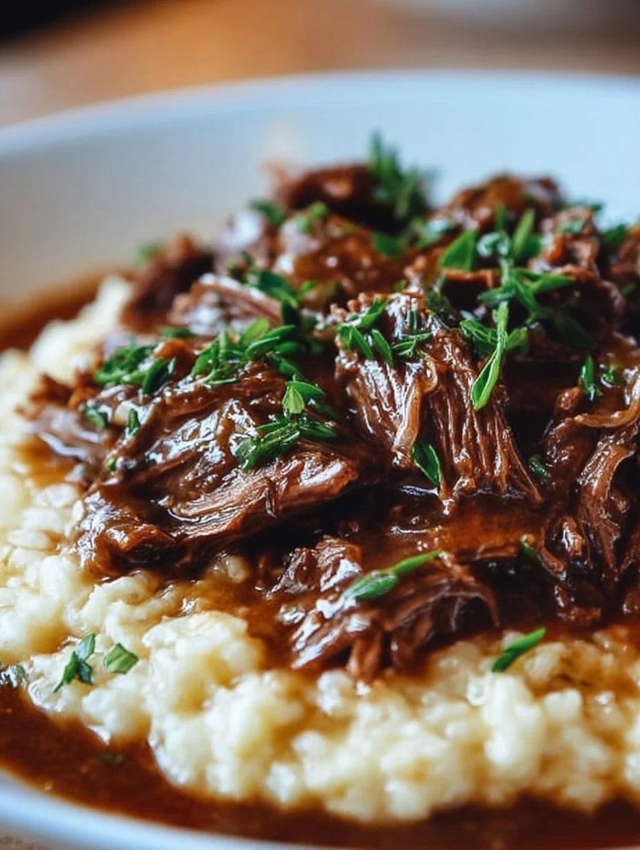 Delicious pot roast topped with tomato-basil sauce and served with parmesan risotto