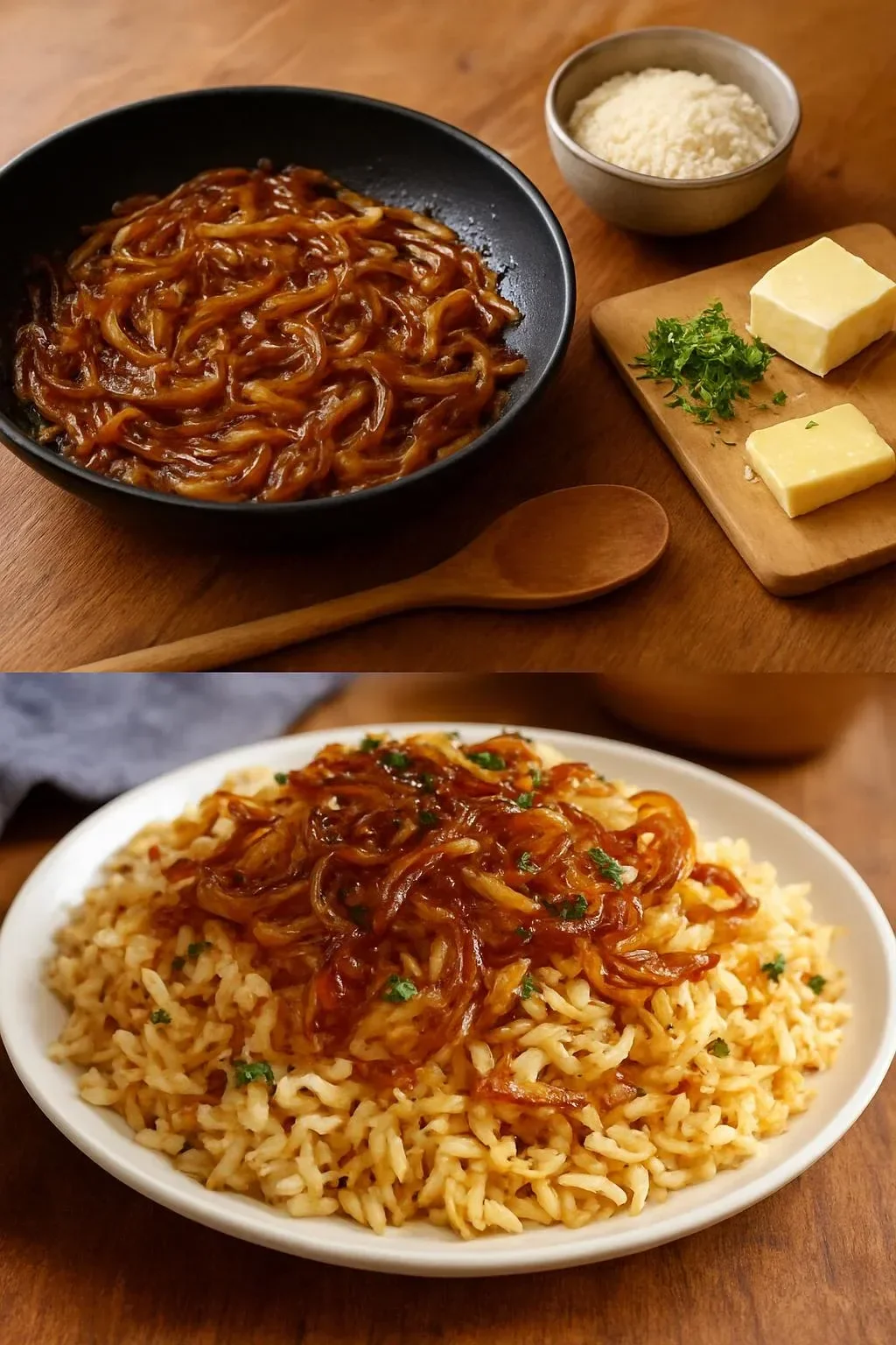 Delicious Potluck French Onion Butter Rice served in a bowl