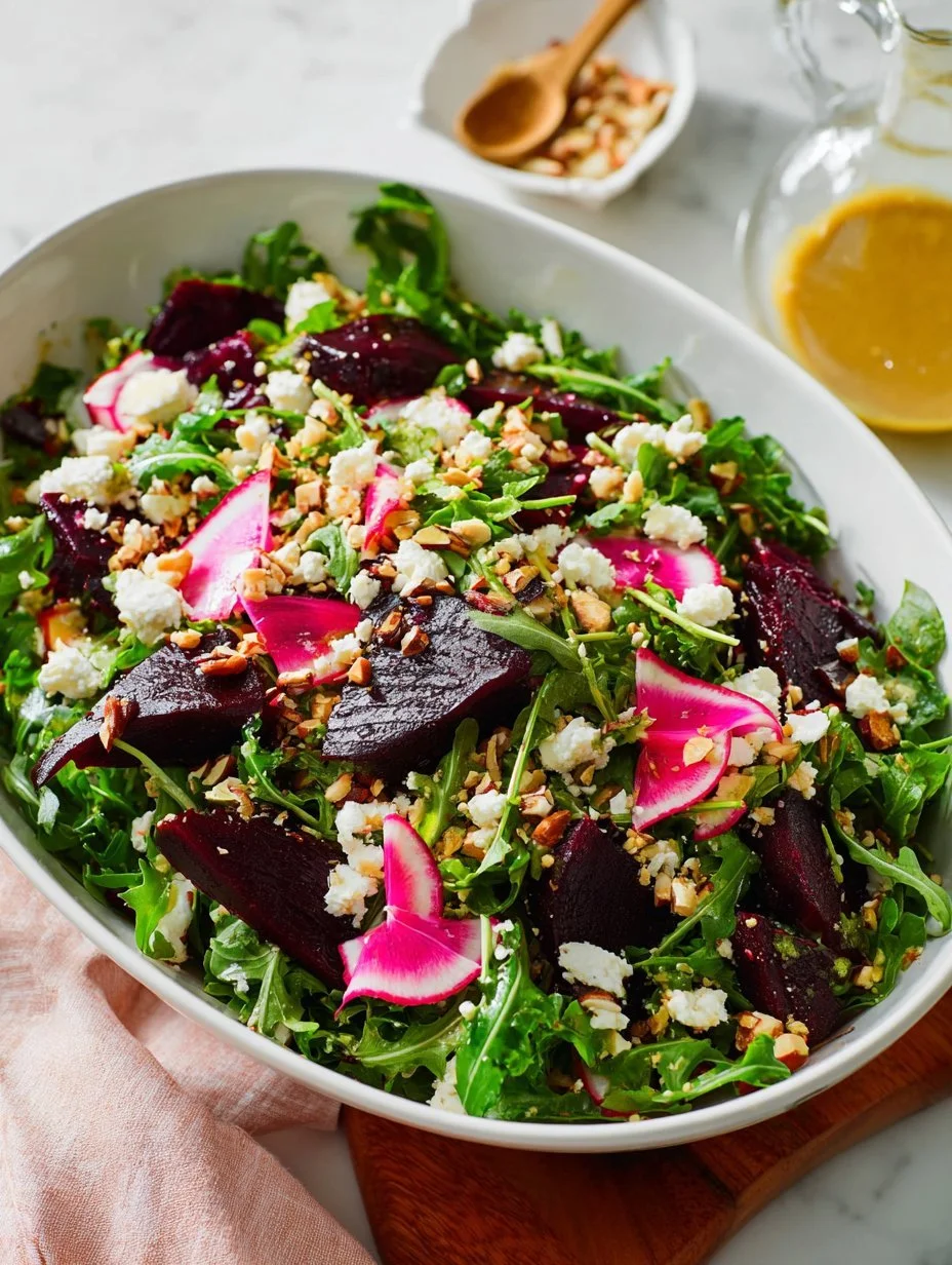 Roasted beet salad topped with goat cheese and a drizzle of honey