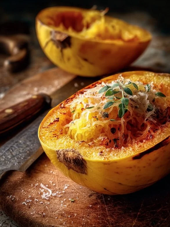 Baked roasted spaghetti squash cut in half, showcasing its noodle-like texture.