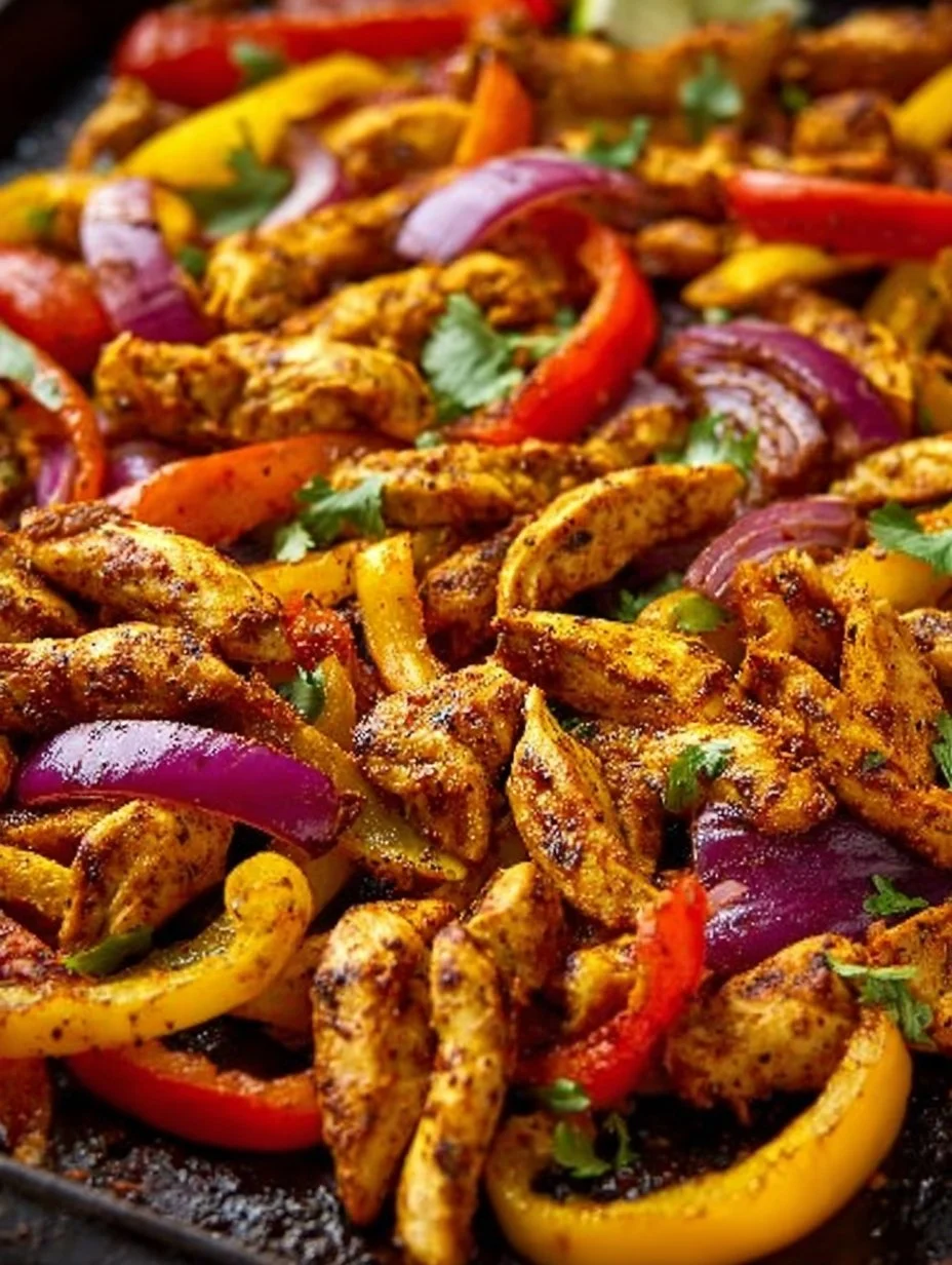 Sheet pan chicken fajitas with colorful peppers and onions, ready to serve.