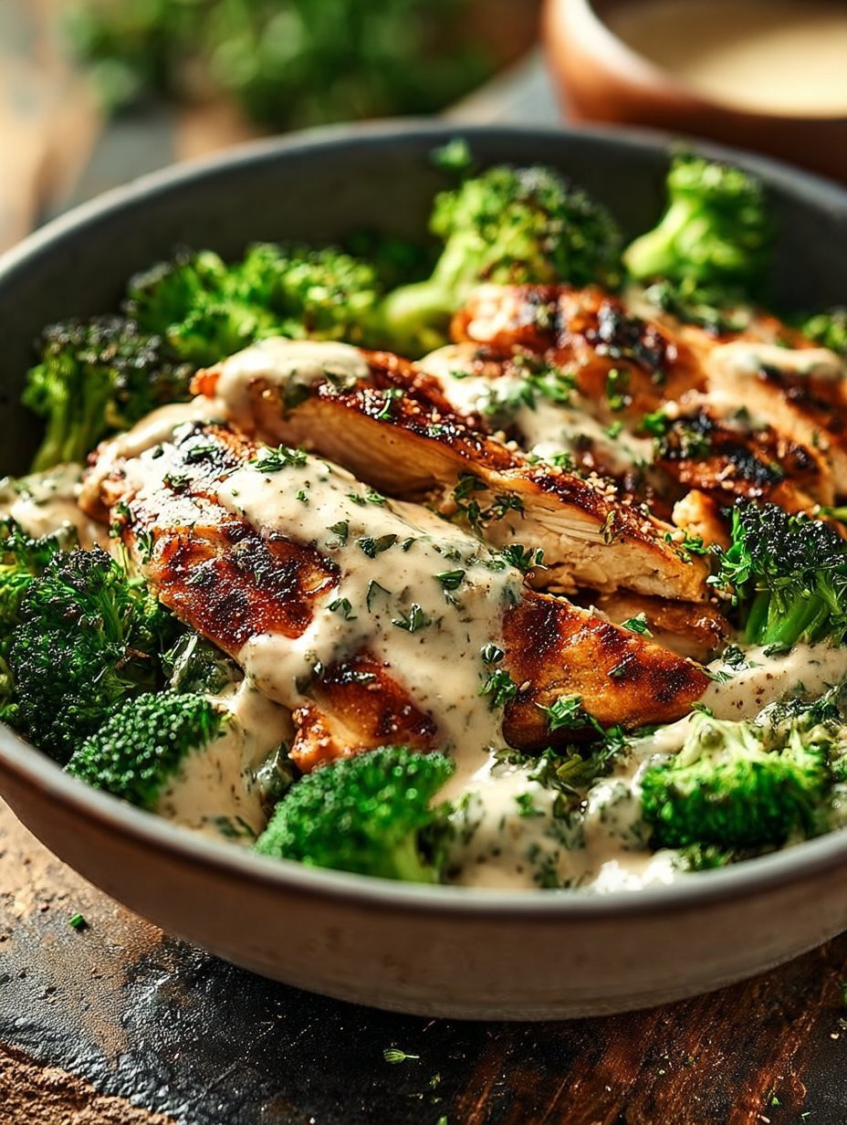 Grilled Chicken & Broccoli Bowls with Creamy Garlic Sauce