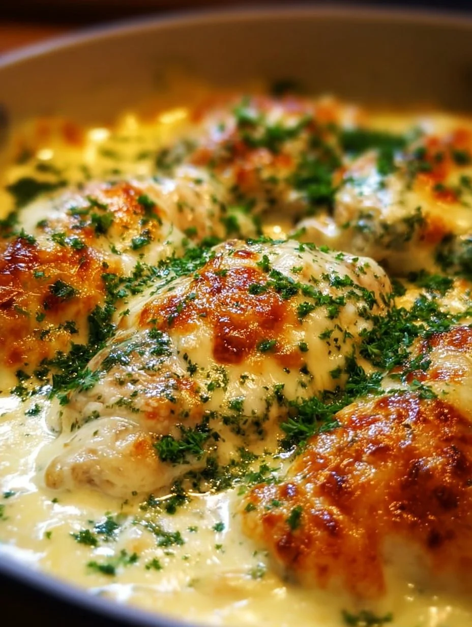 Delicious smothered cheesy sour cream chicken plated for a meal.