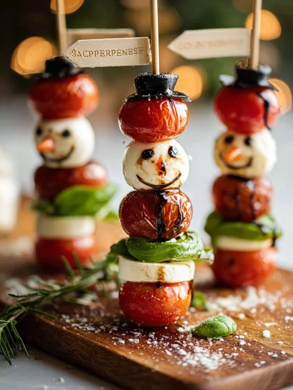 Snowman Caprese Skewers decorated with mozzarella, tomatoes, and basil.