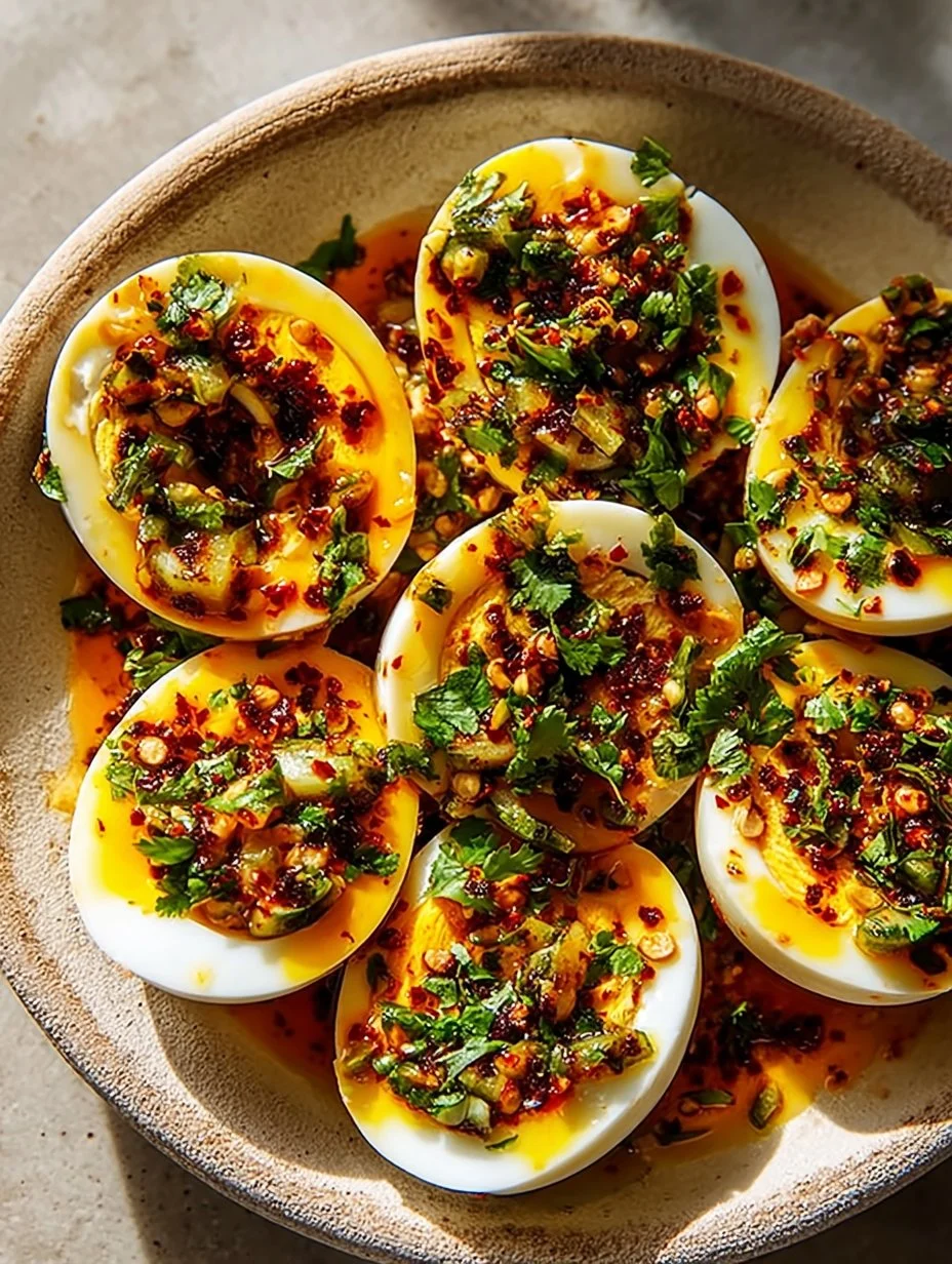 Spicy Chili Garlic Deviled Eggs garnished with chili peppers and herbs