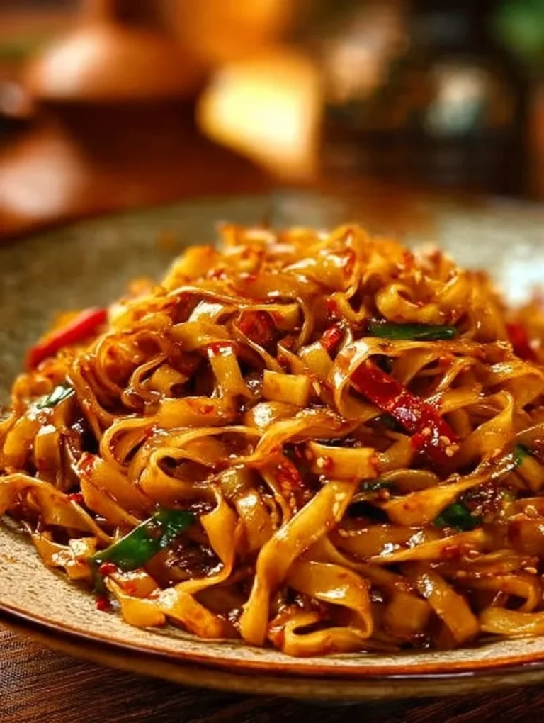 Bowl of spicy garlic chili noodles garnished with fresh herbs