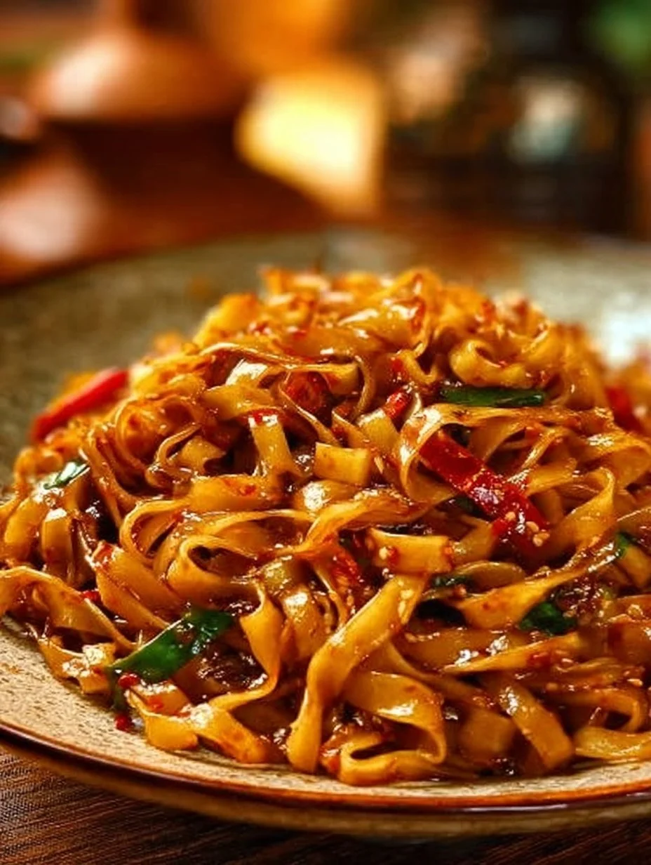 Bowl of spicy garlic chili noodles garnished with fresh herbs