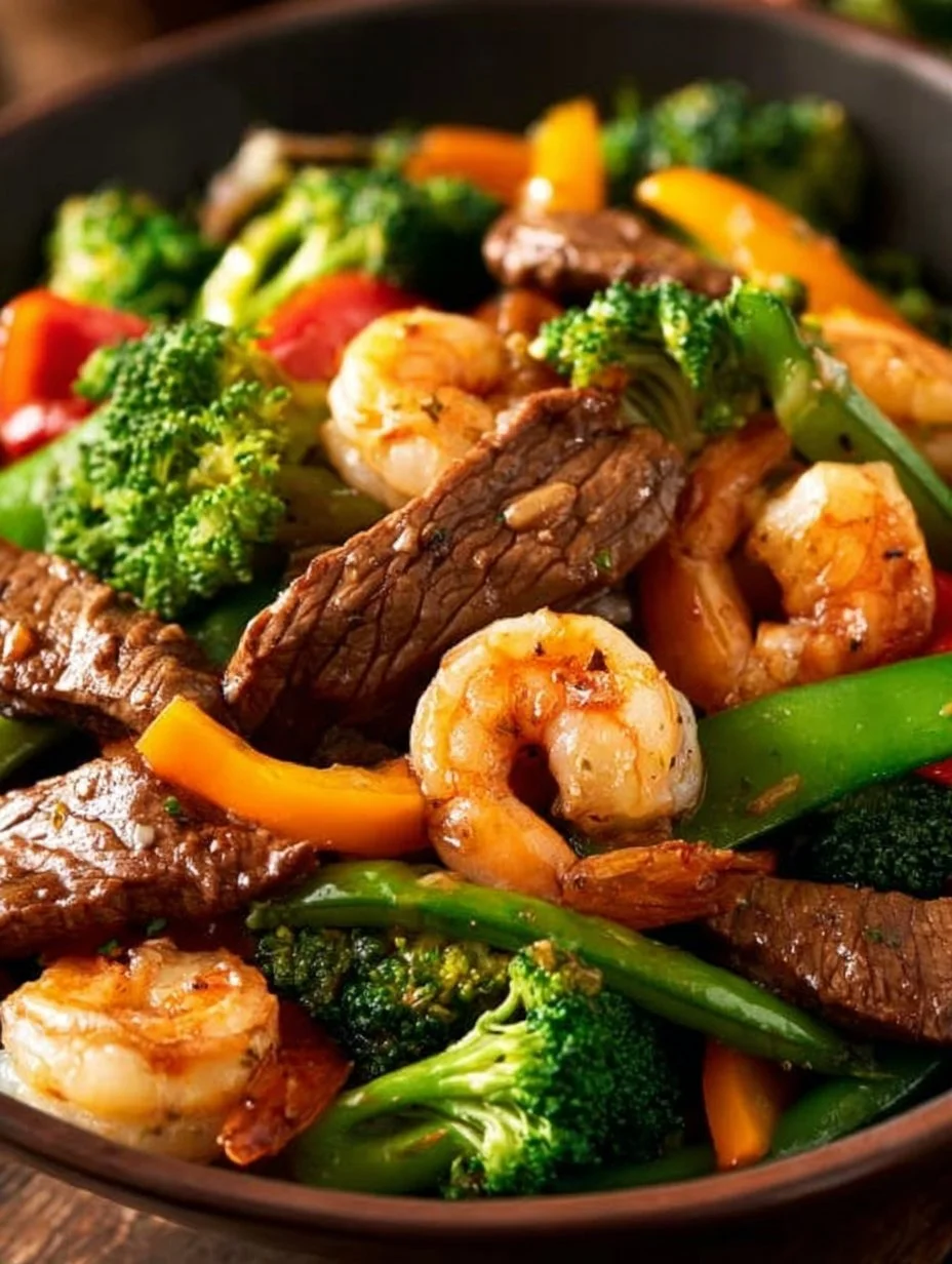 Delicious steak and shrimp stir-fry with colorful vegetables in a skillet.