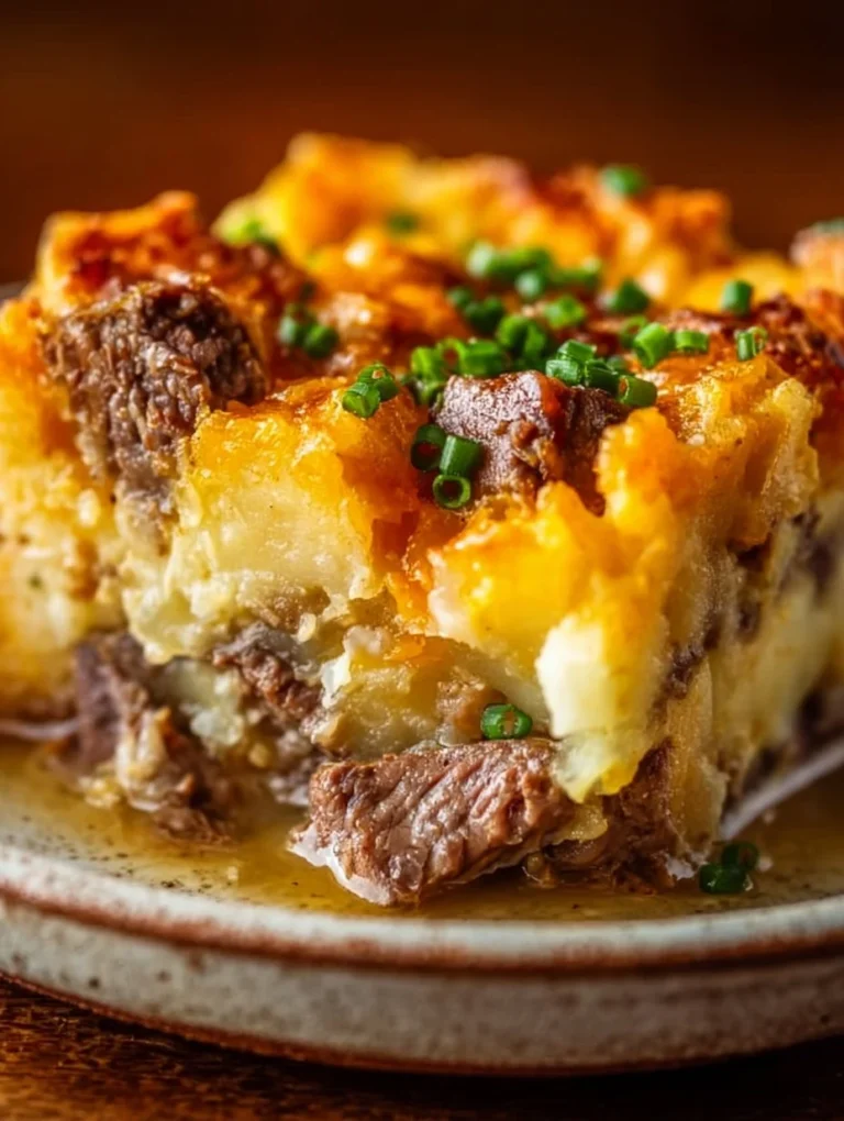 Delicious Steak Cheddar Potato Casserole baked to golden perfection