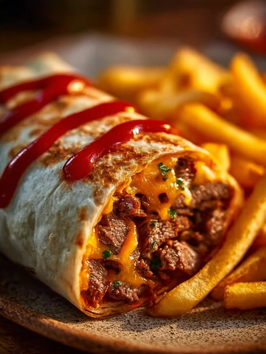 Delicious Steak & Cheese Burritos served with crispy fries