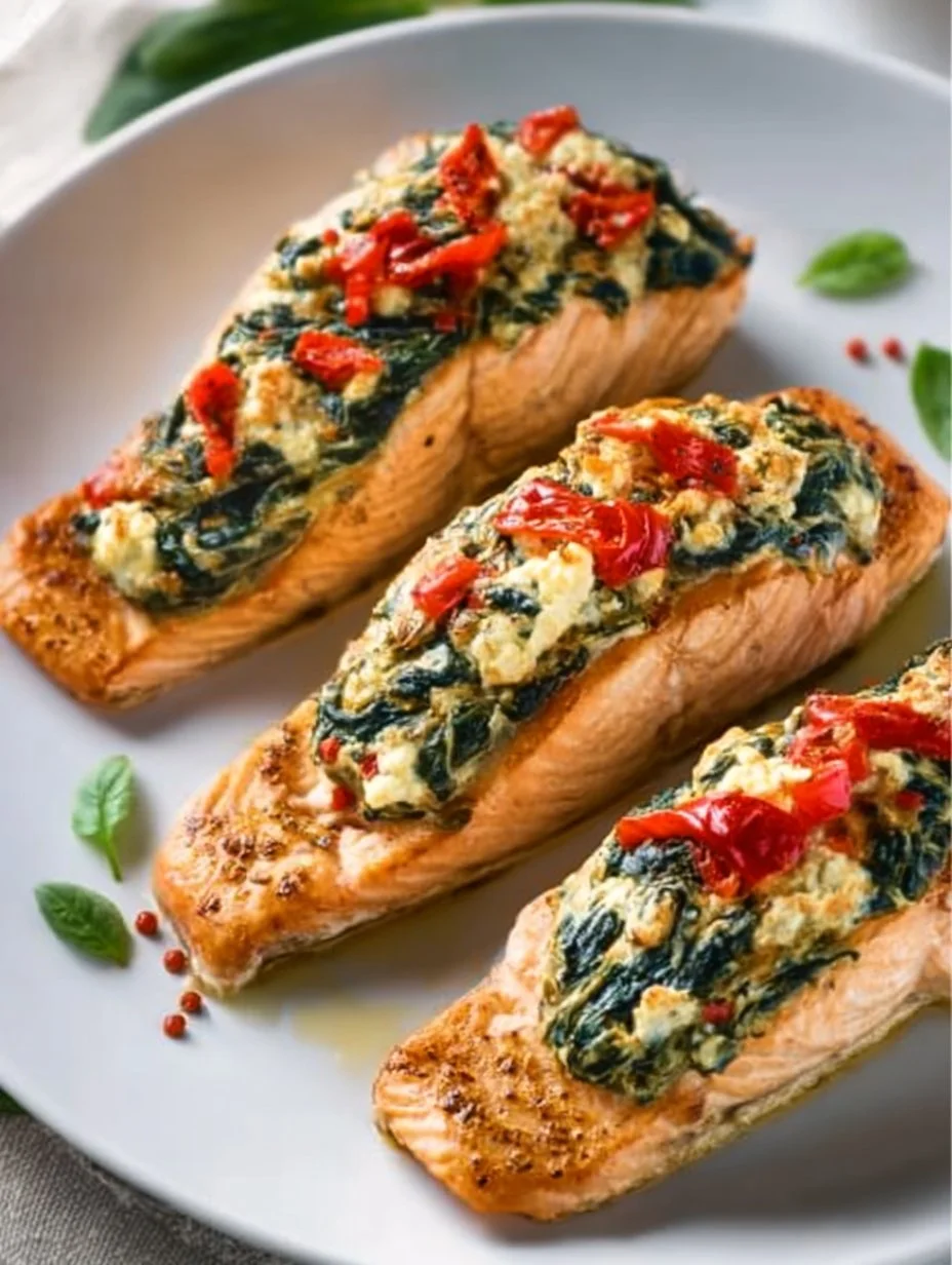 Stuffed salmon with spinach and feta served on a plate