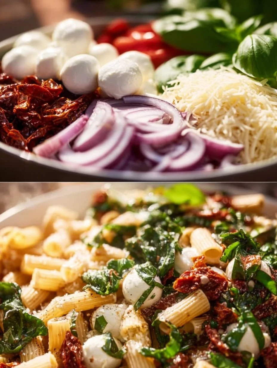 Delicious Sun-Dried Tomato Pasta Salad in a bowl with fresh ingredients