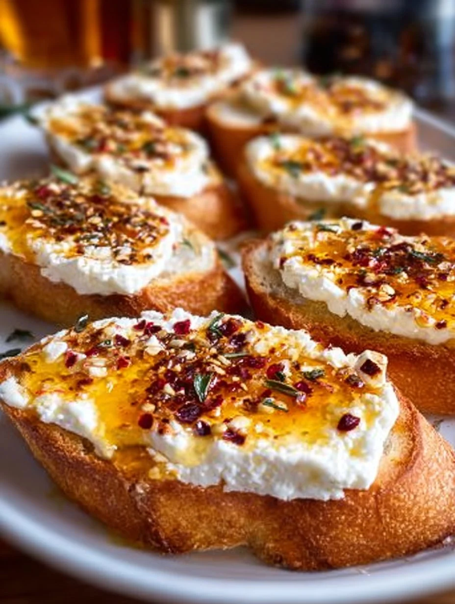 Sweet and spicy whipped feta crostini garnished with herbs and pepper flakes.