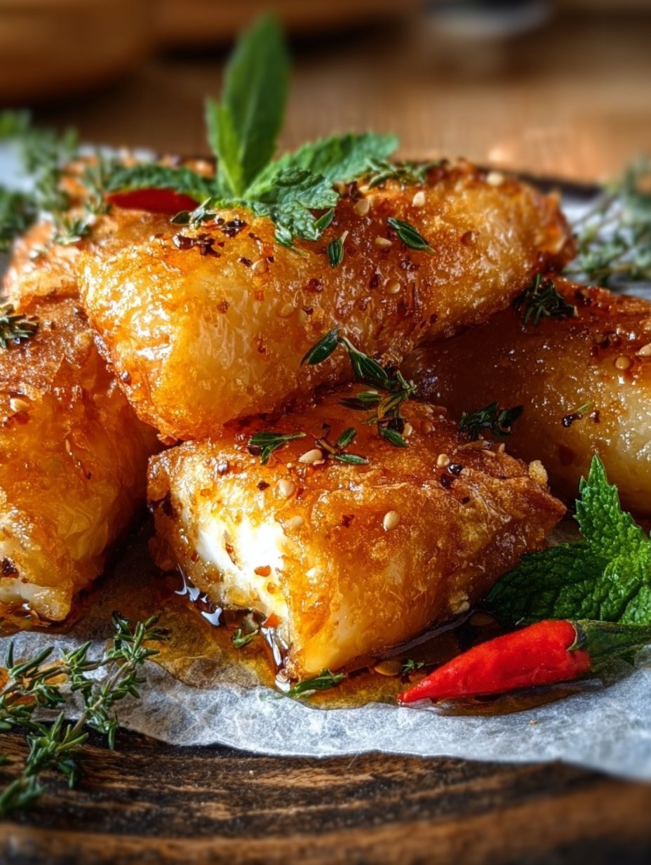 Oven Fried Feta Rolls with Chili Honey