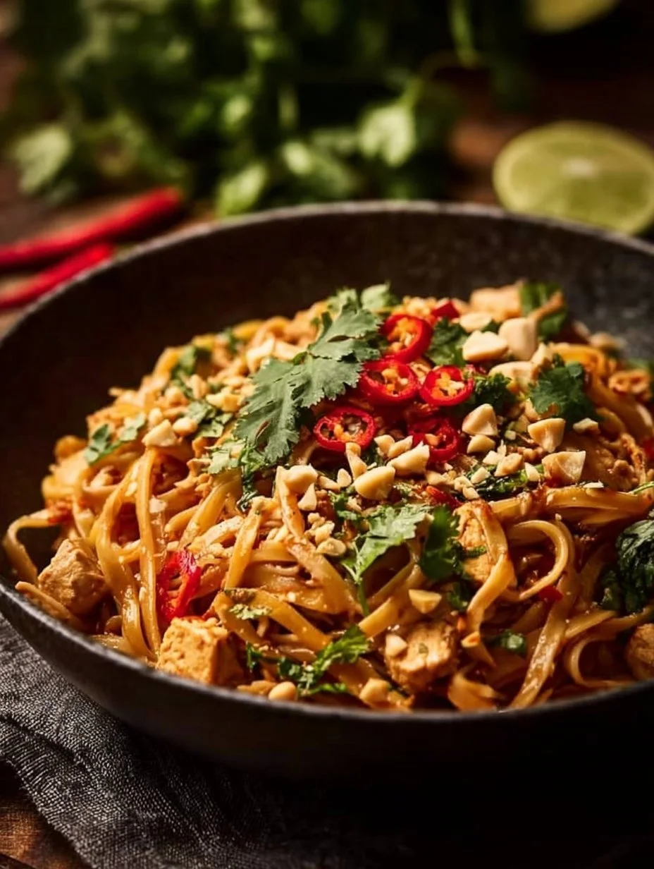 Plate of Thai Chicken Peanut Noodles garnished with peanuts and herbs