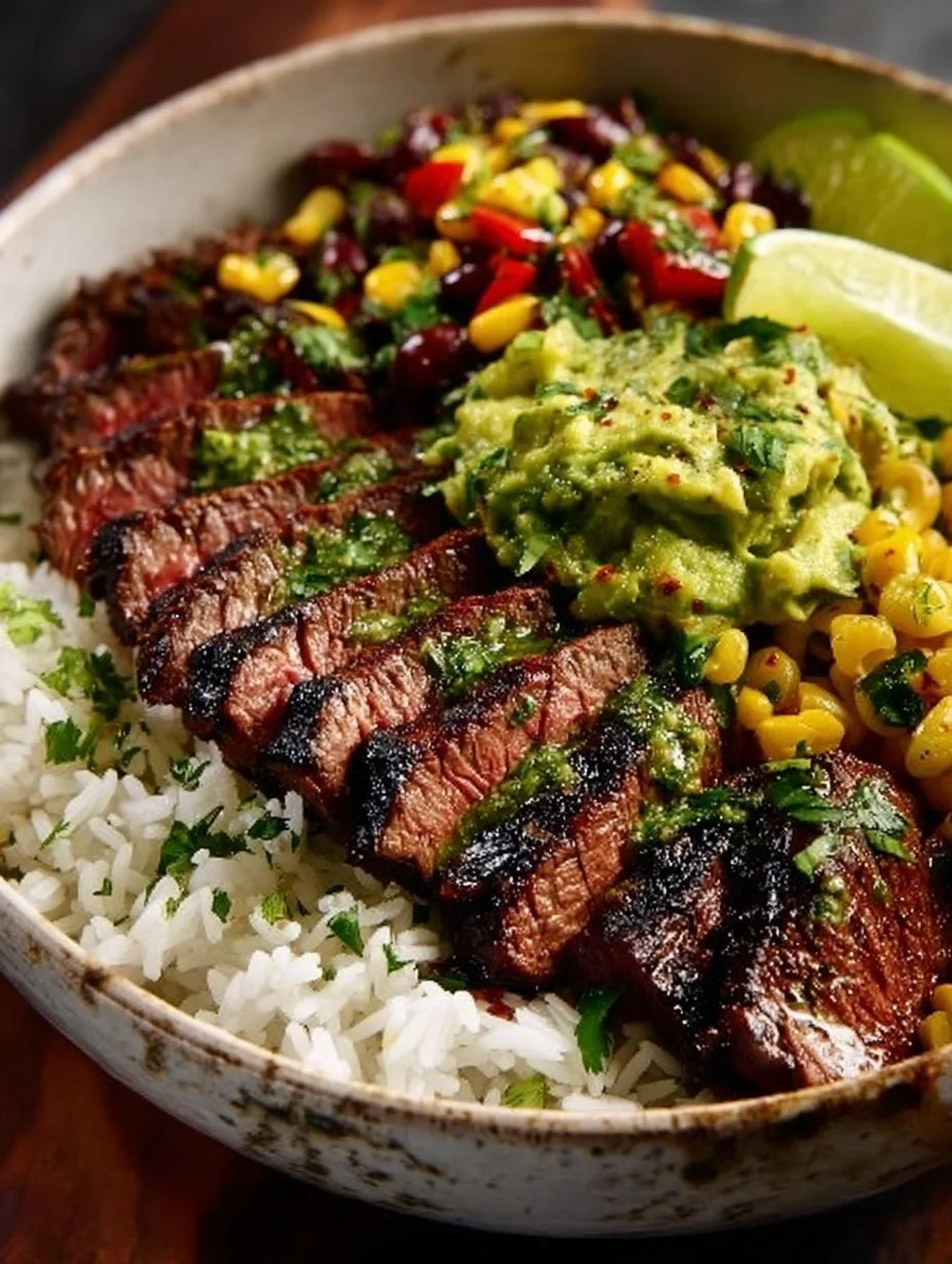 Delicious cilantro lime steak bowls topped with fresh ingredients and lime wedges.