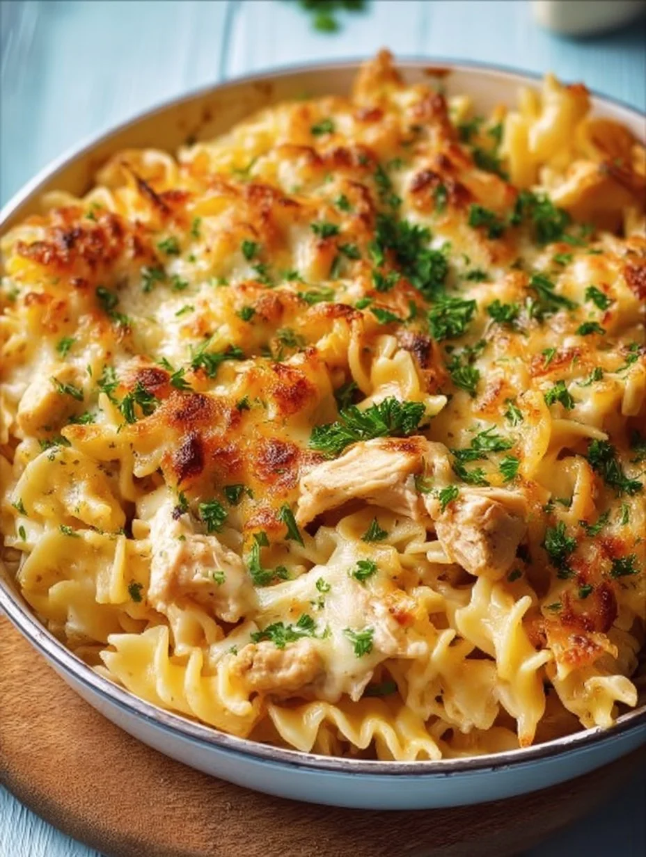 Ultimate creamy cheesy chicken pasta bake topped with golden cheese and herbs