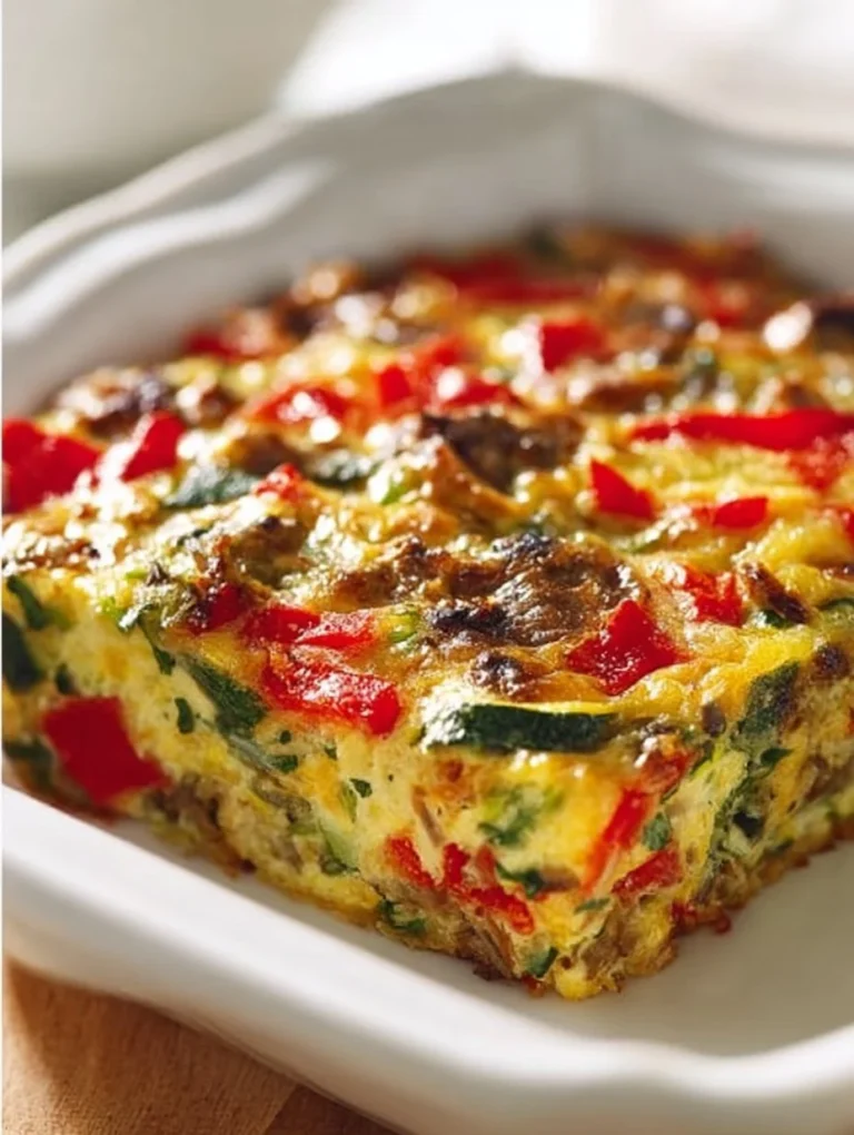 Veggie-packed breakfast casserole topped with cheese and fresh herbs