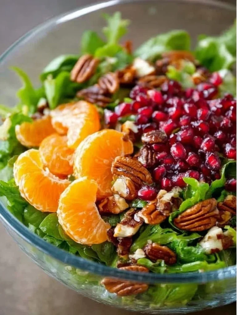 Colorful winter salad with seasonal greens, fruits, and nuts in a bowl