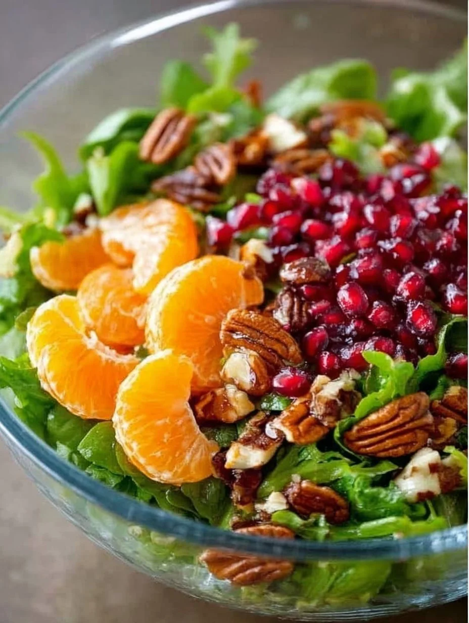 Colorful winter salad with seasonal greens, fruits, and nuts in a bowl