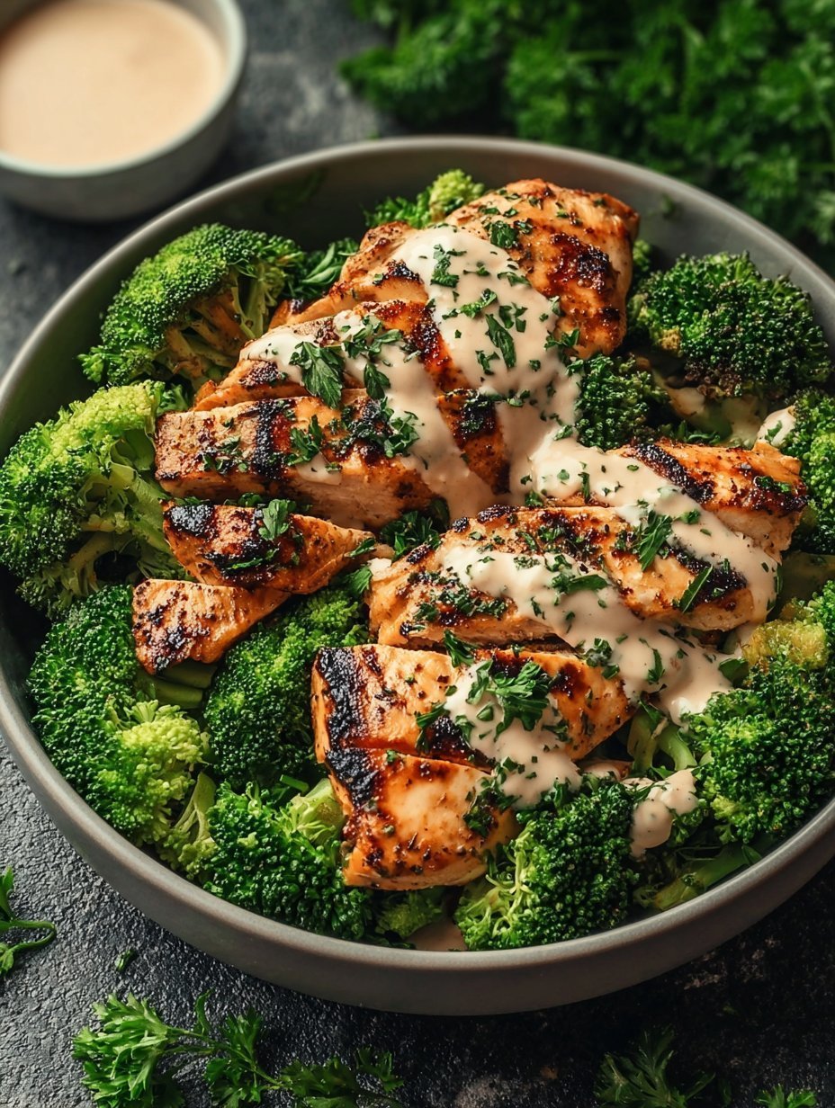 Grilled Chicken & Broccoli Bowls with Creamy Garlic Sauce