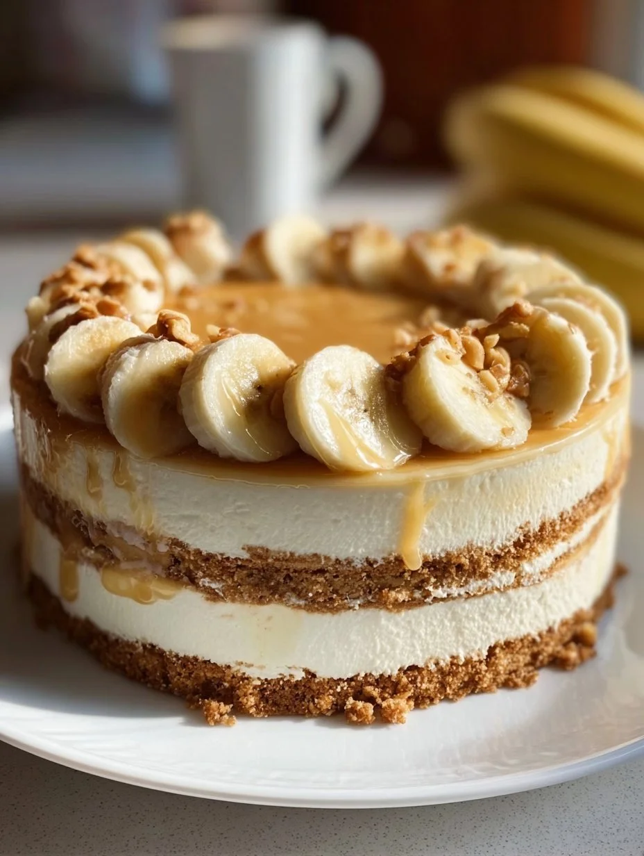 Delicious banana pudding cheesecake cake topped with whipped cream and bananas