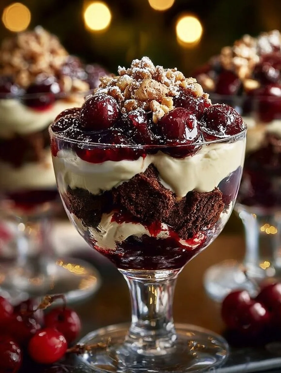 Delicious layered Black Forest Trifle with chocolate, cherries, and cream.