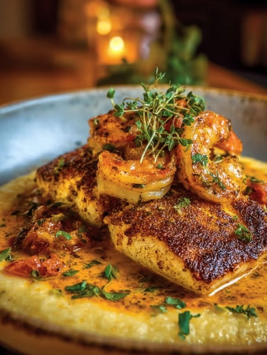 Cajun Red Snapper served with shrimp grits on a plate