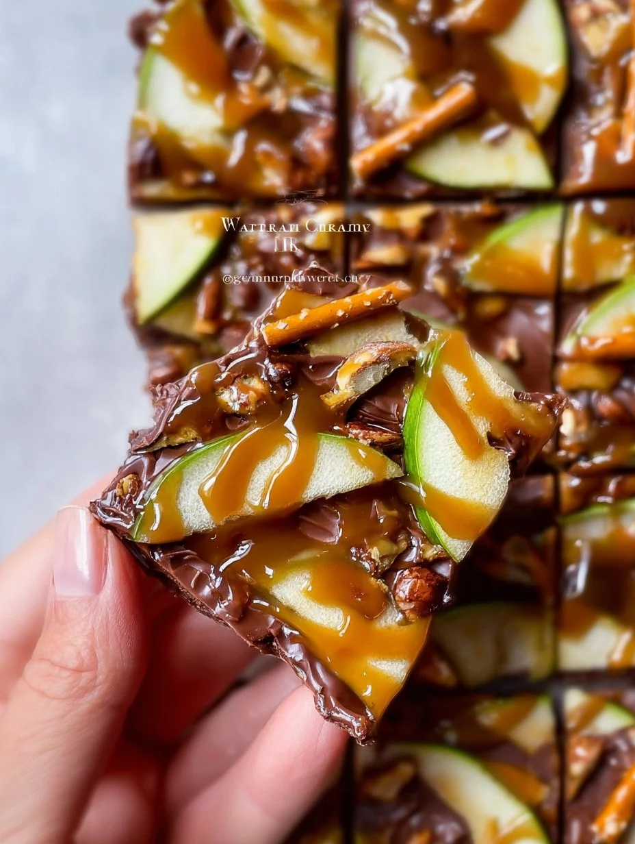 Delicious homemade Caramel Apple Bark with apples and caramel drizzled on top