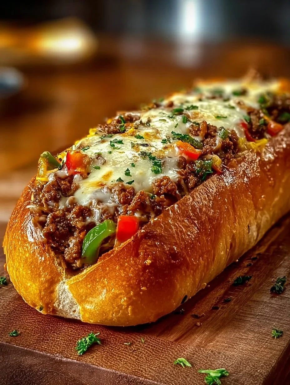 Cheesesteak-stuffed garlic loaf with melted cheese and tender beef, served warm.