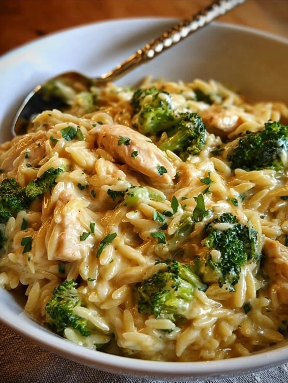 Delicious Cheesy Chicken Broccoli Orzo topped with melted cheese and broccoli.