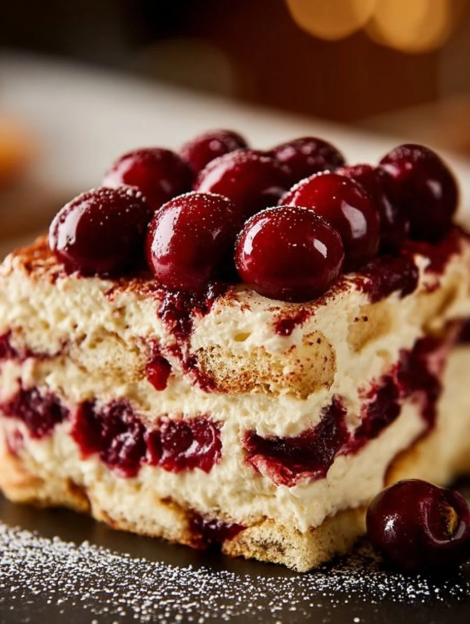 Delicious Cherry Amaretto Tiramisu dessert with cherries and mascarpone cheese