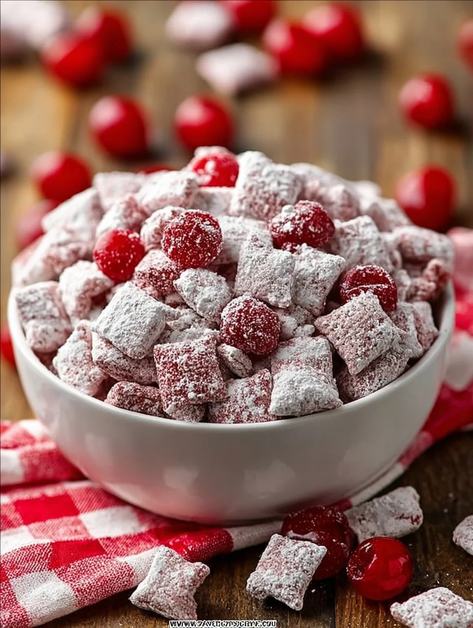 Delicious Cherry Cheesecake Puppy Chow dessert treat in a bowl.