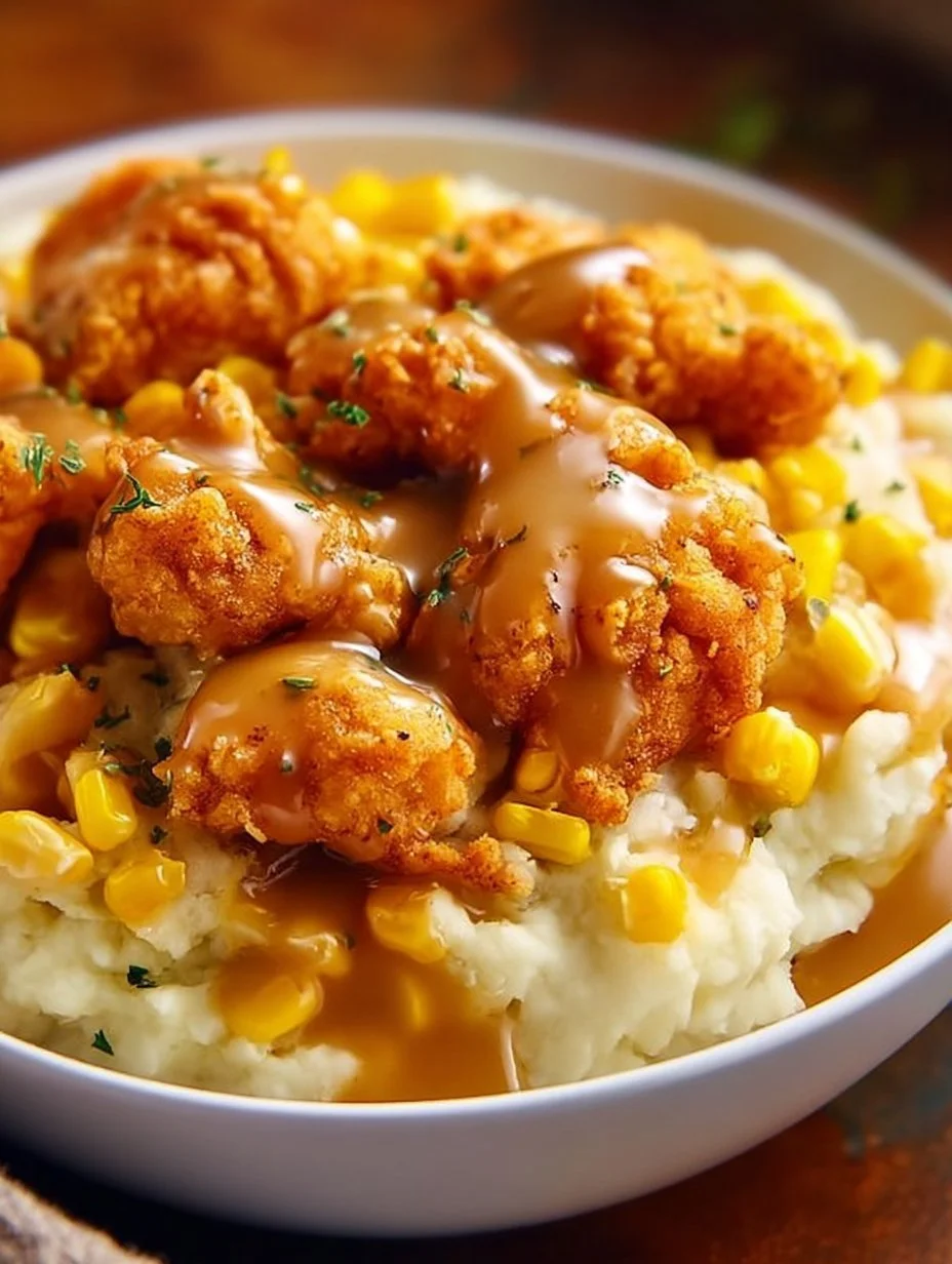 Delicious chicken mashed potato bowl topped with gravy and vegetables